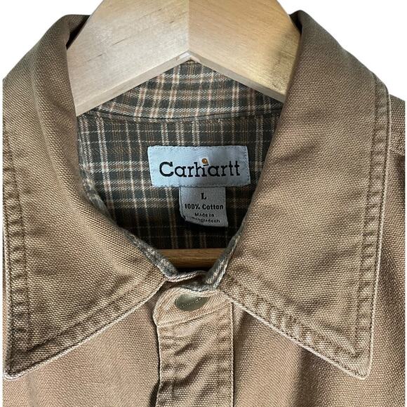 Carhartt Men’s Large Vintage Brown Canvas Snap Shirt Jacket Flannel Lined Work - Picture 14 of 16